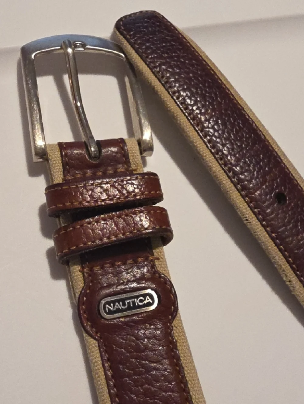 Nautica Brown Leather and Tan Canvas Belt with Silver Buckle